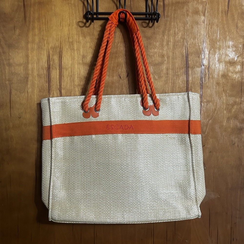 ESCADA Sunset Heat Tote Bag Faux Straw With Rope Handles Beach Bag Orange Lining